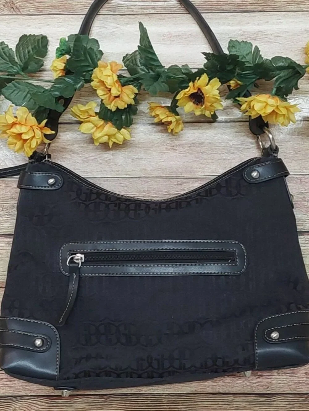 Gianni Bini Black Baguette Signature Print Leather Accent Shoulder Bag Purse